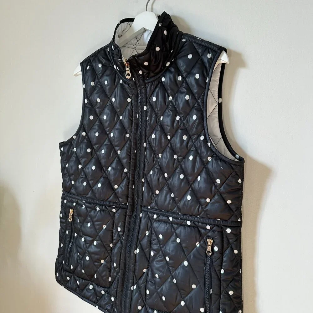 Kate Spade Black & White Quilted Polka Dot Reversible Vest Zip Front | Women’s L